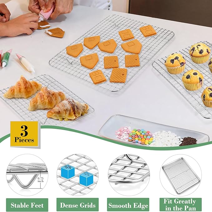 TeamFar Baking Sheet with Rack Set (3 Pans + 3 Racks), Stainless Steel Baking Pan Cookie Sheet with Cooling Rack, Non Toxic & Heavy Duty, Easy Clean & Dishwasher Safe
