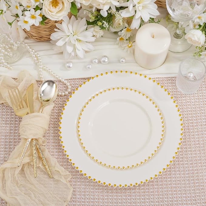 supernal 100pcs Ivory Plastic Plates with Gold Beads - Heavy Duty Elegant Disposable Plates Set Include 50 Cream Plastic Dinner Plate and 50 Dessert Plate Perfect for Wedding, Birthday & Party