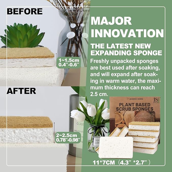 Aheroi Natural Dish Sponge, 18 Count Plant-Based Biodegradable Kitchen Sponges for Dishes, Compostable Eco Friendly Sponges, Organic Cleaning Sponge Dish Scrubber Products for Household, Non Scratch