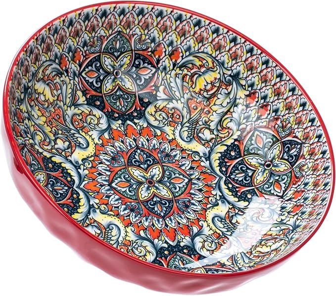 Large Serving Bowls, 75 Oz Fruit Salad Bowls, Bohemian Style Large Porcelain Dishes for Entertaining Parties,Big Bowls for Eating Soup, Salad, Pasta, Fruit, Chips, 10.3 Inch Diameter (red)