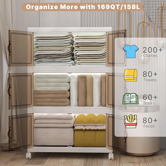 Extra Large Stackable Storage Bins with Lids and Wheels, Foldable Collapsible Closet Organizers,504QT-168QT/42GAL*3Pack Plastic Stackable Storage drawers for bedroom Dorm