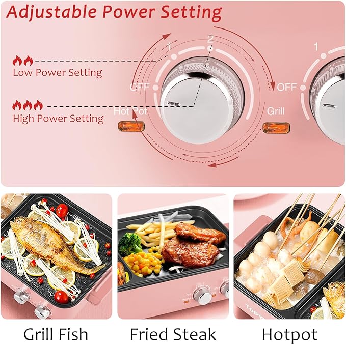 Topwit Hot Pot Electric with Grill, 2 in 1 Indoor Non-stick for Steaks, Shabu Shabu, Noodles, Simmer and Fry, Korean BBQ Grill, Independent Dual Temperature Control, Pink