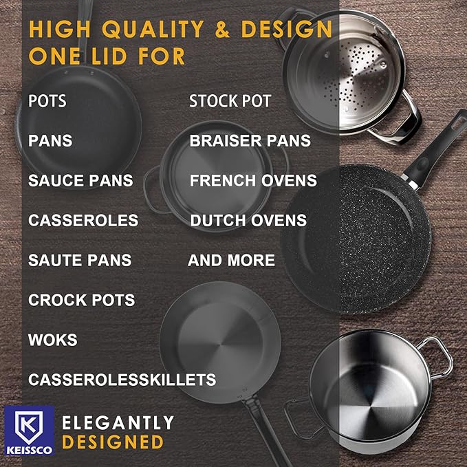 Stainless Steel Universal Lid for Pots, Pans and Skillets - Fits 7" to 12" Pot and Pans - Tempered Glass with Stainless Steel Rim Replacement Frying Pan Cover and Cast Iron Skillet Lid