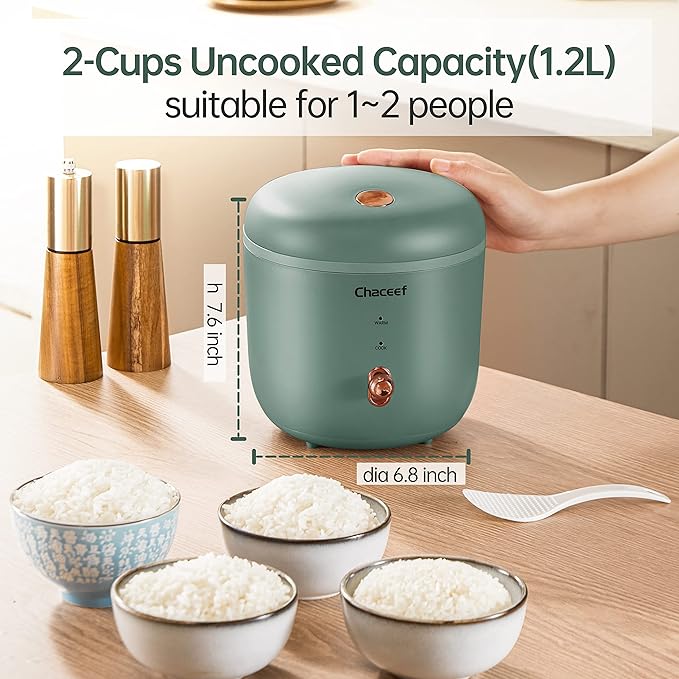 CHACEEF Mini Rice Cooker 2 Cups Uncooked, 1.2L Rice Cooker Small with Non-stick Pot, Portable Travel Rice Maker with One Touch & Keep Warm Function, White Rice, Brown Rice, Oatmeal, Green