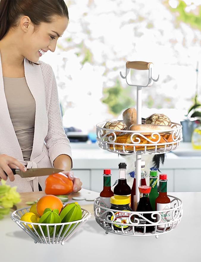 2-Tier 𝐅𝐫𝐮𝐢𝐭 𝐁𝐚𝐬𝐤𝐞𝐭 and Fruit Bowl - Fruit and Vegetable Storage with Banana Tree Hanger and Wood Handle, Fruit Basket for Kitchen Counter, for Bread Onions Potatoes Veggies Produce
