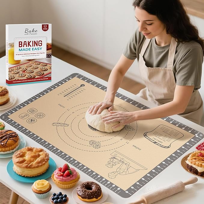 Silicone Macaron Baking Mat with 10 Easy Recipes, Non Stick Silicone Pastry Mat, Kneading Dough Rolling Mat Silicone Mats for Baking Cookie, bread, Pizza, Extra Thick Oven Mat & Dishwasher Safe