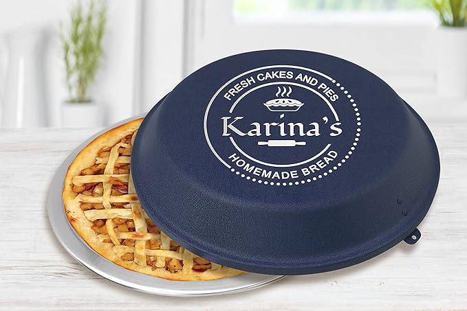 Personalized Aluminum Pie Pan with Lid, Customized Engraved Monogram Cake Pan - Wedding, Anniversary, Housewarming, Birthday Gift (Blue)