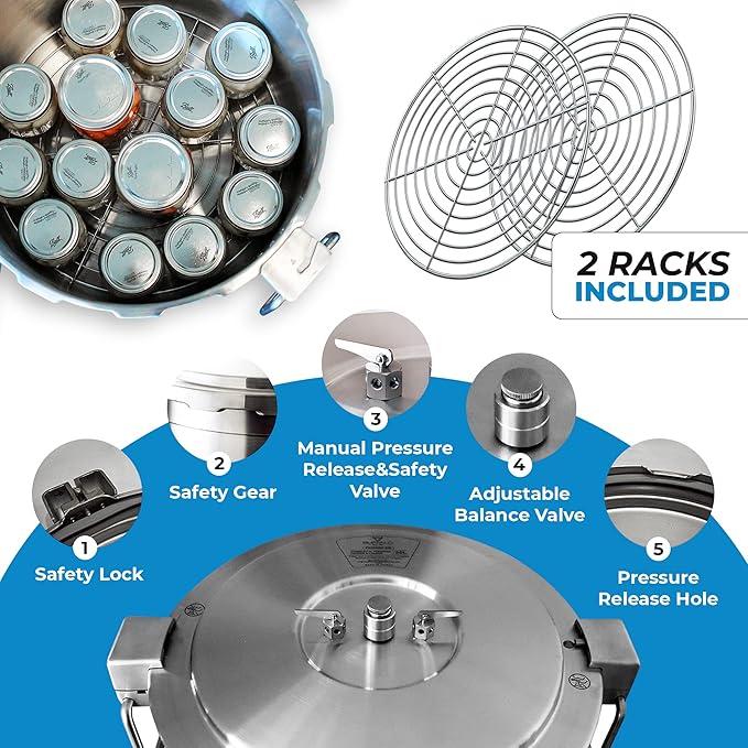 Buffalo 37 Quart Stainless Steel Pressure Cooker Extra Large Canning Pot with Rack and Lid for Commercial Use - Easy to Clean Stove Top Pressure Canner, Can Cooker - Safety Goods Certificate QCP435