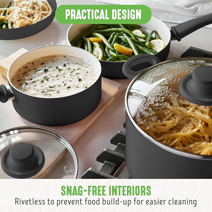 GreenLife 16 Piece Nonstick Cookware Set, Soft Grip Non-Toxic PFAS-Free Ceramic Pots & Pans, Dishwasher & Oven Safe, Frying, Sauce, Utensils, Glass Lids, Stay-Cool Handles, Wobble Free, Black & Cream