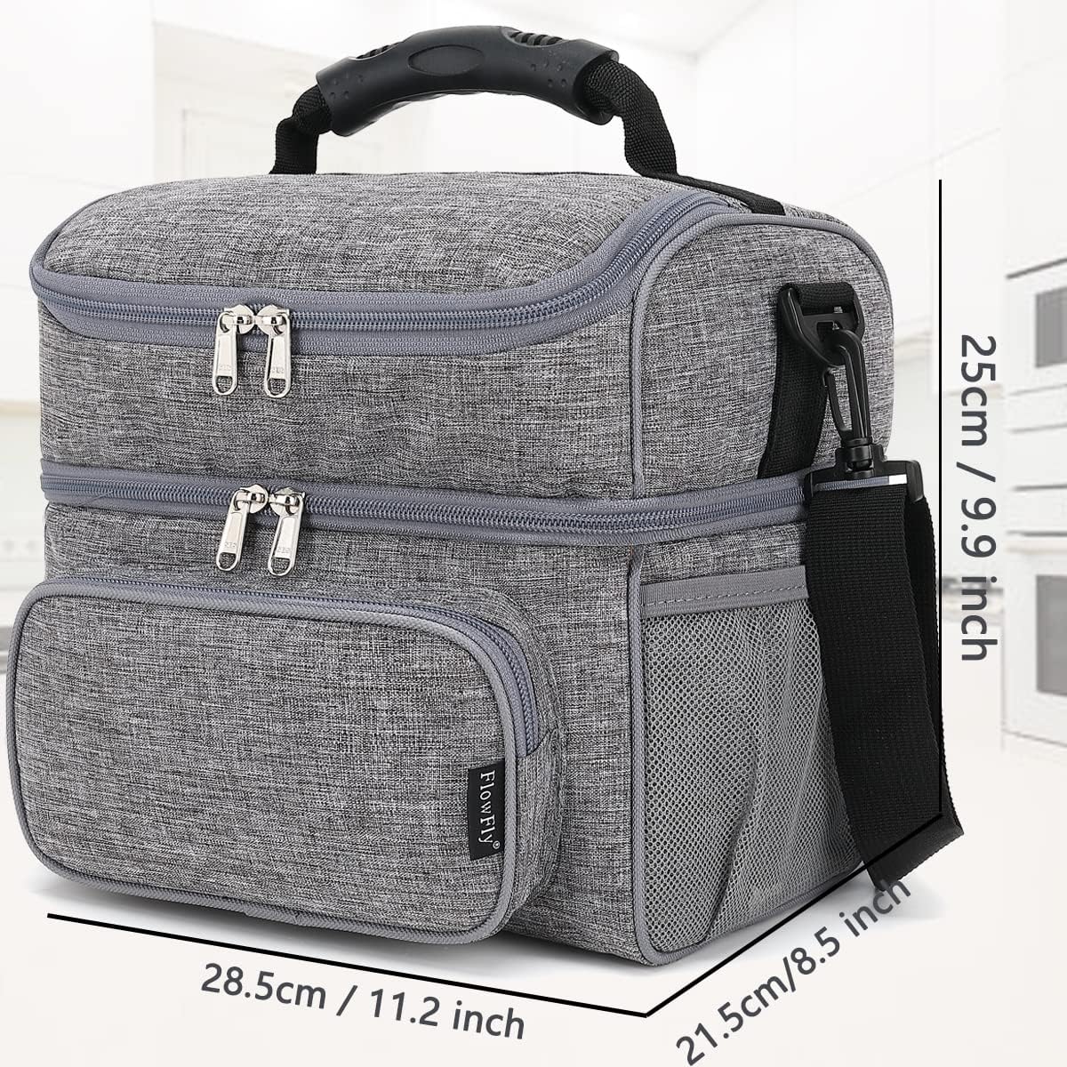 FlowFly Double Layer Cooler Insulated Lunch Bag Adult Lunch Box Large Tote Bag for Men, Women, With Adjustable Strap,Front Pocket and Dual Large Mesh Side Pockets
