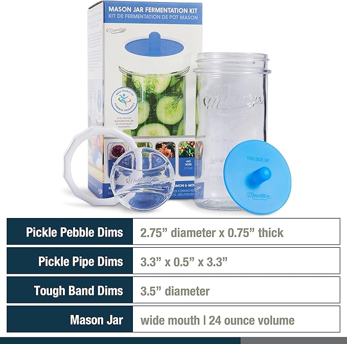 Masontops Fermentation Jar Starter Set, Easy Vegetable Fermentation Kit, Includes Mason Jar, Pickle Kit with Fermentation Lids & Fermentation Weight