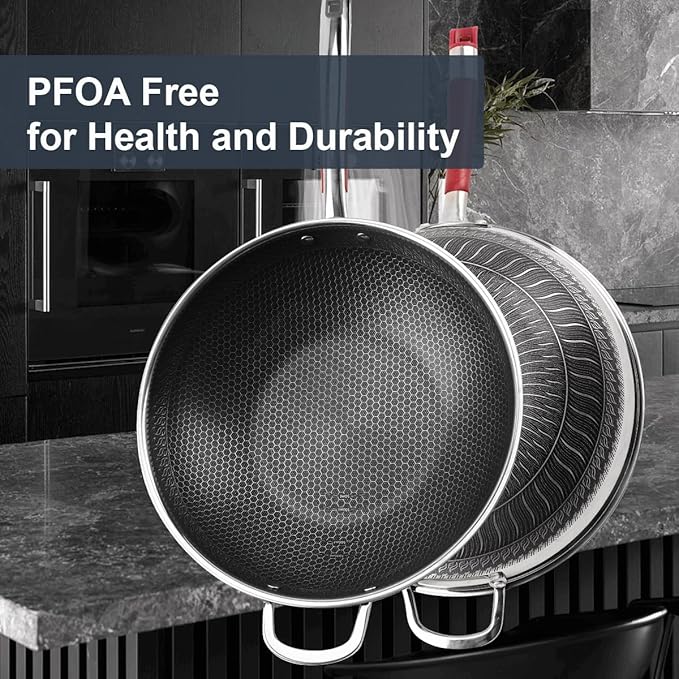 Tri-ply Stainless Steel Wok with Lid, 13.5'' PFOA Free Nonstick Stir Fry Pan, Induction Compatible, Dishwasher and Oven Safe, Scratch-resistant Surface