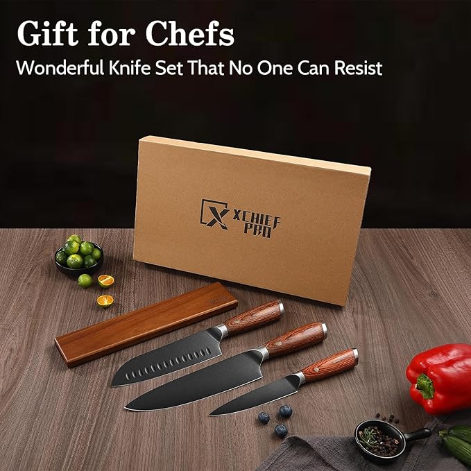 Kitchen Knife Set with Magnetic Holder, 4 Pieces Japanese High Carbon Stainless Steel Chef Cooking Knife Set, Ultra Sharp Professional Chef Santoku Utility Knives (Black)