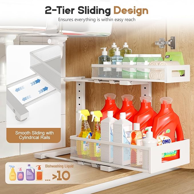 2-Pack Under Sink Storage Organizer, Large 2-Tier Elegant Mesh Pull Out Shelf for Kitchen and Bathroom Cabinet Organization, L-Shaped and Adjustable Height Design for Maximum Space Efficiency-White