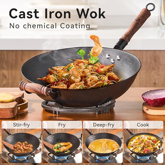 WANGYUANJI 13.4 Inch Cast Iron Wok with Lid – Flat Bottom Chinese Stir Fry Pan, Handcrafted Non-Coated Iron Cookware for Induction, Gas & Electric Stoves, Black