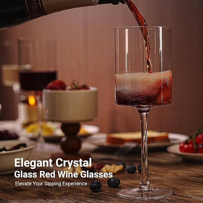 MICHLEY Square Crystal Wine Glasses Set of 2-15.5 oz large Long Stem Glassware Red/White Glasses Drinkware Perfect Gifts for Women, Wedding,Birthday Decorations