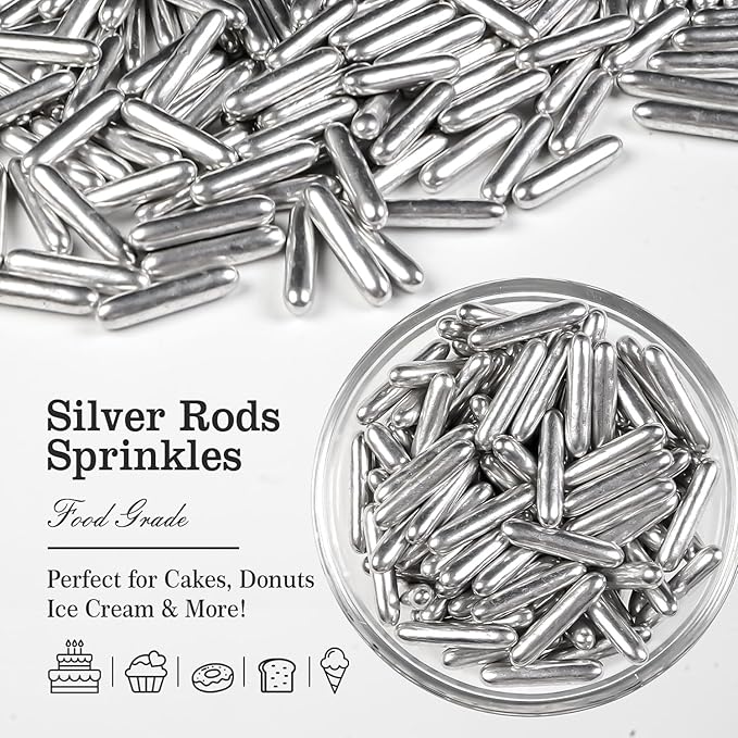 Silver Rods Sprinkles, Sugar Sprinkles For Cake Decorating, 150g/5.29oz, Food Grade, Ice Cream Decoration, Cupcake Toppers, Donuts, Cookies, Holiday, Birthday Party, Christmas Supplies
