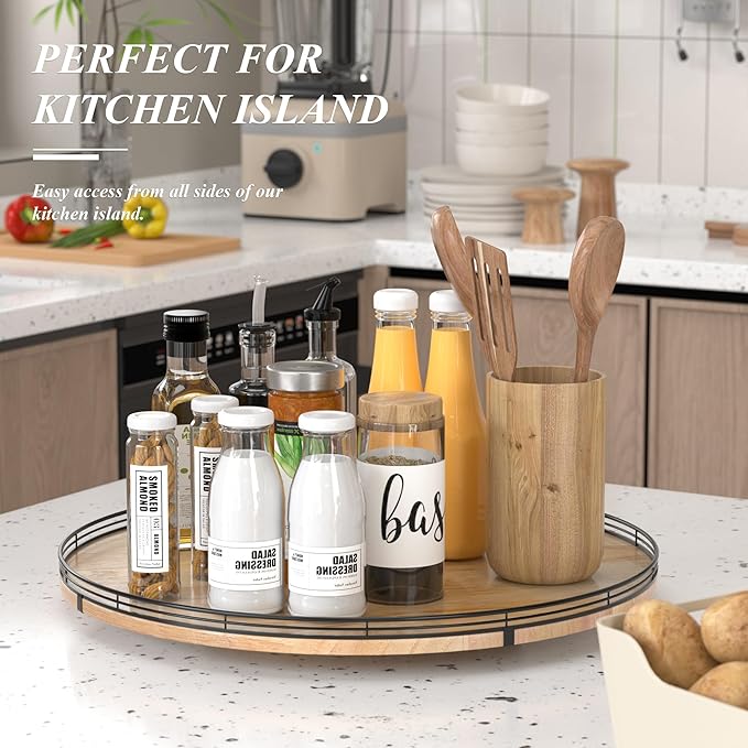 24" Lazy Susan Oak Wood Turntable Organizer for Cabinet, Farmhouse Round Wooden Large Lazy Susan Organization and Storage for Dining Table, Pantry, Kitchen, Countertop, Cupboard, Home Decor