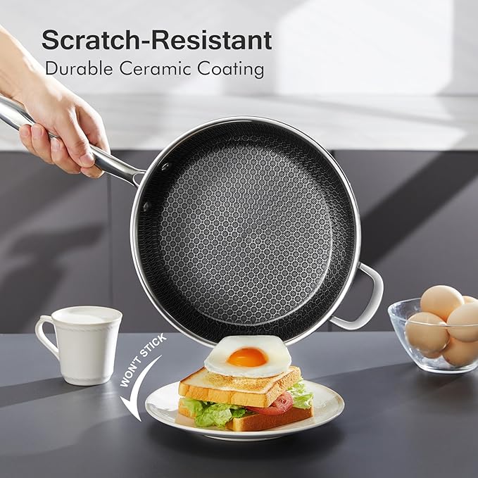 Hybrid Stainless Steel Pots and Pans Set Non Stick 10 Piece Tri-play Nonstick Cookware Sets Non-toxic Saute Pan with Tempered Glass Lids,Stay Cool Handles,Induction Dishwasher&Oven Safe