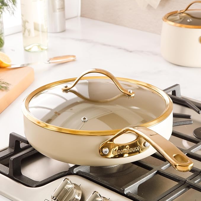 bloomhouse - Oprah's Favorite Things - 10 Inch Heavy Duty Aluminum Premium PFA Free Ceramic Nonstick Saute/Deep Frying Pan Skillet with Lid - Almond Cream w/Gold Handle