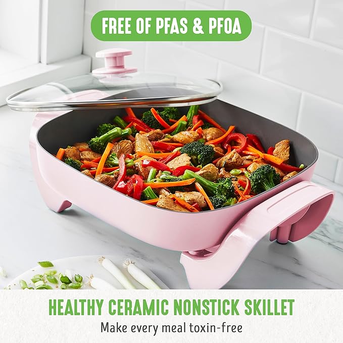 GreenLife12" 5QT Square Electric Skillet, Glass Vented Lid, Ceramic PFAS-Free Nonstick Coated Interior, Adjustable Temperature Control, Cool Touch Handles, Quick Even Heating, Scratch Resistant, Pink