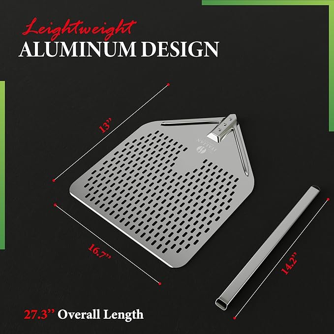 Perforated Pizza Peel 13"W x 16.7"L - Professional Restaurant Grade Large Metal Pizza Peel - 27.3" Long Handle Aluminum Turning Peel - Commercial Pizza Paddle