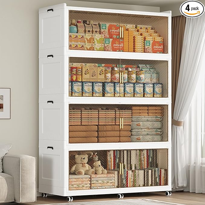 200GAL Extra Large Storage Bins with Lid, 800QT Plastic Stackable Storage Bins with 6x Wheels, Collapsible Closet Organizer and Storage Drawer Cabinet for Living Room Office Dorm, 4Pack White