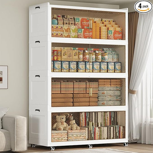 200GAL Extra Large Storage Bins with Lid, 800QT Plastic Stackable Storage Bins with 6x Wheels, Collapsible Closet Organizer and Storage Drawer Cabinet for Living Room Office Dorm, 4Pack White