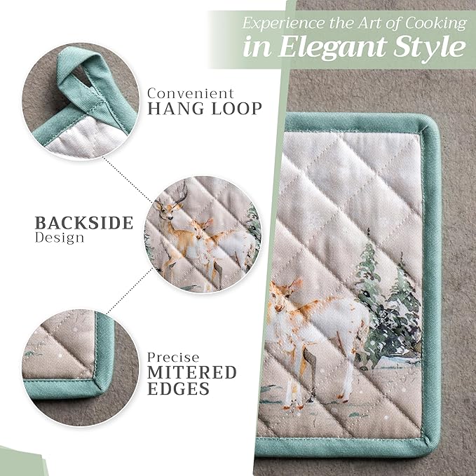 Maison d' Hermine Pot Holders Set 100% Cotton Heat Resistant Potholders 8" x 8" Hot Pads with Loop BBQ, Cooking, Baking, Grilling, Kitchen, Handling Hot Pans (Pack of 2, Deer in The Woods)