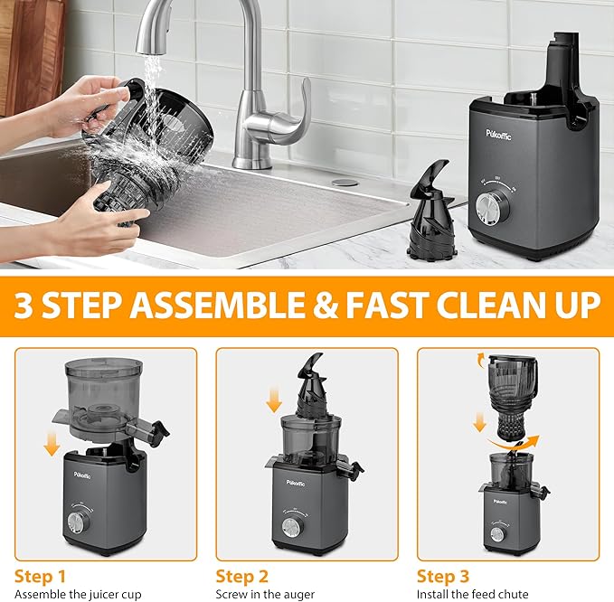 Pukomc Cold Press Juicer,5.8" Wide Feed Chute Juice Extractor Machine with 300W,Slow Masticating Juicer for Whole Vegetables & Fruits,High Juice Yield,Easy to Clean,Grey