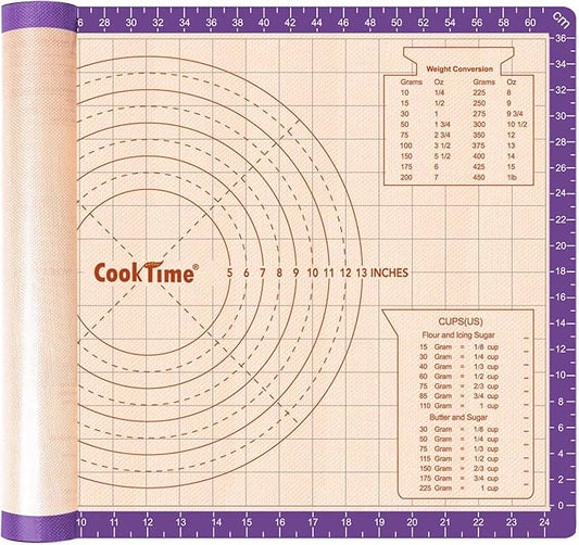 Silicone Pastry Baking Mat Non Stick-Large Rolling Dough with Measurements-Non Slip Pizza,Fondant,Pie,Cake Baking Mat - 26 x 16 Inch By Cook Time(Purple)
