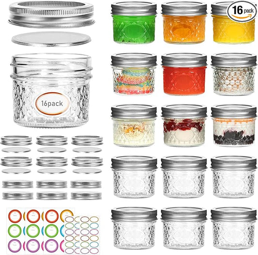 4 oz Small Mason Jars, 16 Pack Mini Jars, With 2 Types of Lids - 16 Split-Type and 16 One Piece Lids, Perfect for Dessert and DIY