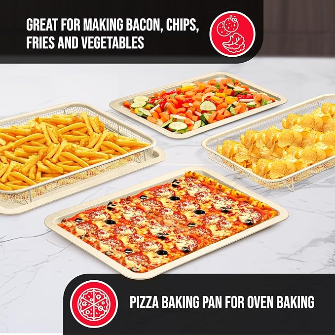 Bakken-Swiss Crisper Tray - 2-Piece Set – White Marble, Non-Stick Basket Design for Healthier Cooking in Regular Ovens - Achieve Perfectly Crispy Chips, Bacon and More