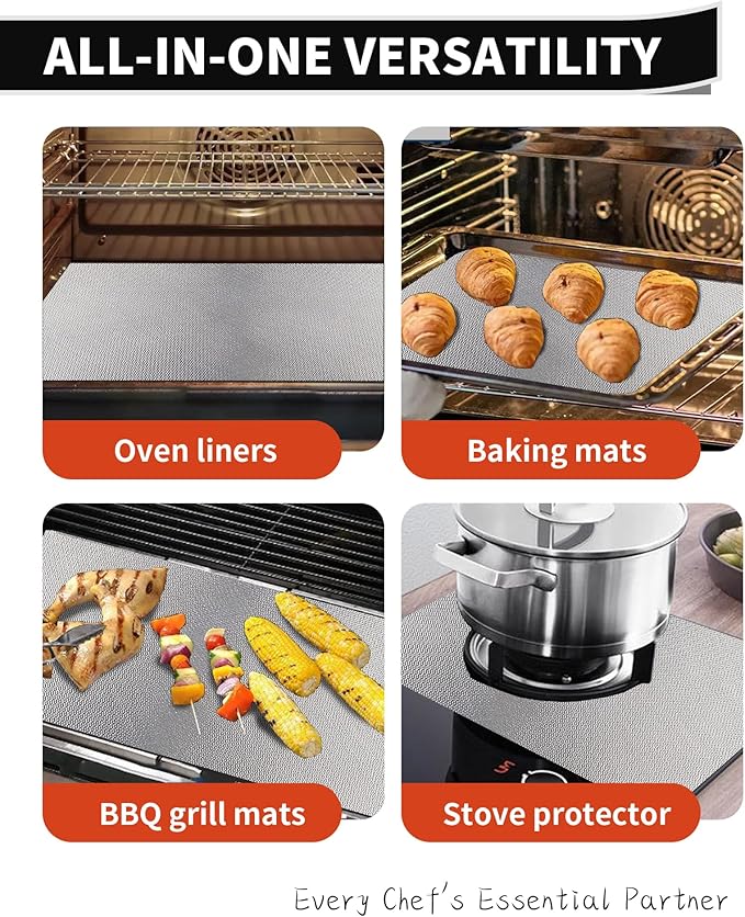 3 Pack Oven Liners for Bottom of Oven, 17x25" Large Heavy Duty Non-Stick Reusable Oven Mat for Electric, Gas, Toaster & Convection Ovens - BPA & PFOA Free, Dishwasher Safe, Kitchen Essentials, Silver