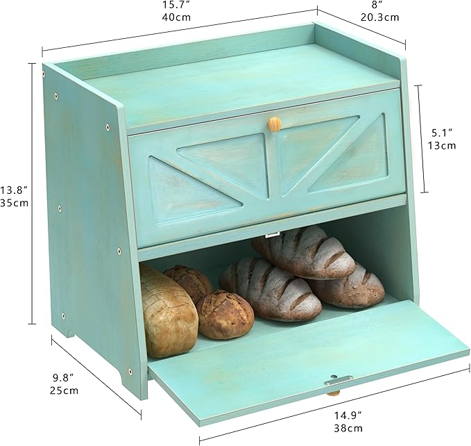 Vintage Double Layer Bread Box for Kitchen Counter Bamboo Bread Storage Container Large Capacity Bread Storage Bin (Antique Blue)