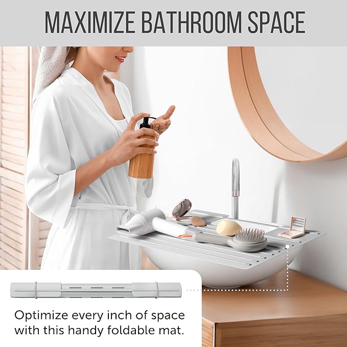 Maplefield Bathroom Sink Cover for Counter Space - Gray, 22 x 2 x 2 Inches - Heat Resistant Silicone Mat - Foldable Vanity Makeup Tray - Space-Saving Sink Cover