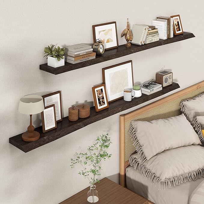 Axeman 72 inch Extra Long Floating Shelves for Wall - 8'' D Live Edge Rustic Solid Elm Wood Floating Shelves Wall Mounted, Wall Shelves with Invisible Bracket for Living Room Bedroom Kitchen, Walnut