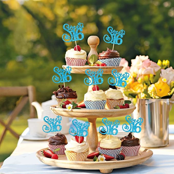 Gyufise 24 Pack 16th Birthday Cupcake Toppers Glitter Sixteen Happy Sweet 16 Cupcake Picks Cheers to 16 Years Old Cupcake Decorations for 16th Birthday Anniversary Party Supplies Light Blue
