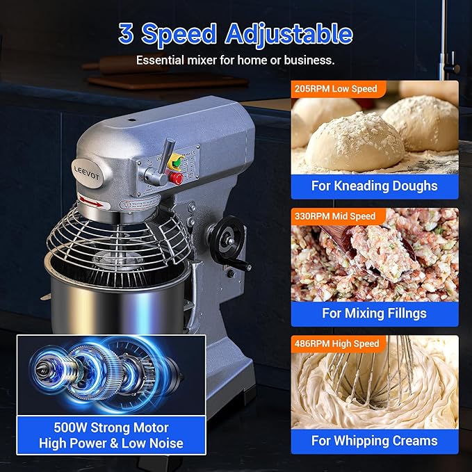 Commercial Food Mixer 10Qt,500W Commercial mixer 3-Speed Adjustable with Timing Function, Industrial Dough Mixer with Stainless Steel Bowl for Bakery Pizzeria (Upgrade)