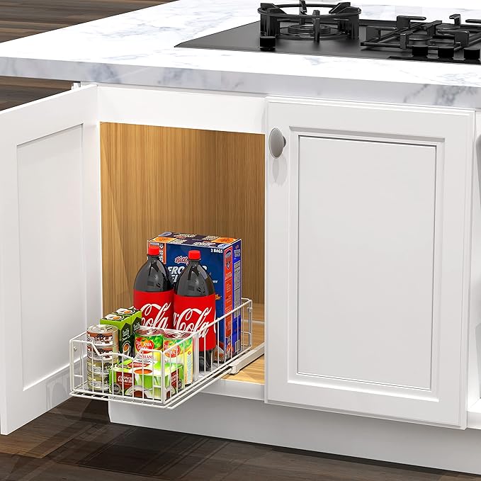 Simple Houseware Pull-Out Cabinet Sliding Basket Organizer, 17.2" D x 9.7" W x 5" H – White, Ideal for Kitchen and Bathroom Cabinet Storage, Under Sink or Pantry Organization