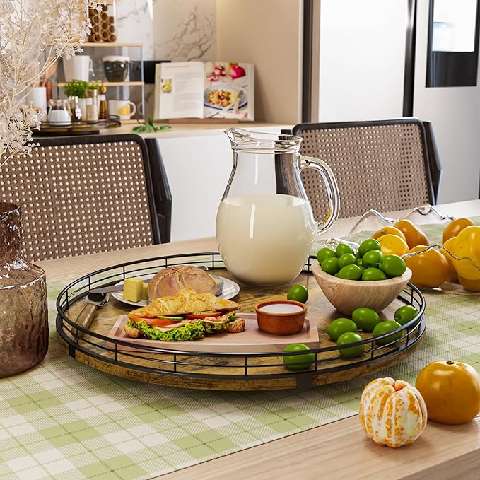 Lazy Susan Turntable Organizer for Table Top, 16’’ Round Wooden Lazy Susan for Cabinet Kitchen Countertop Pantry Dining Coffee Table for Condiments Spices, Rustic Bathroom Vanity Tray for Soap Candle