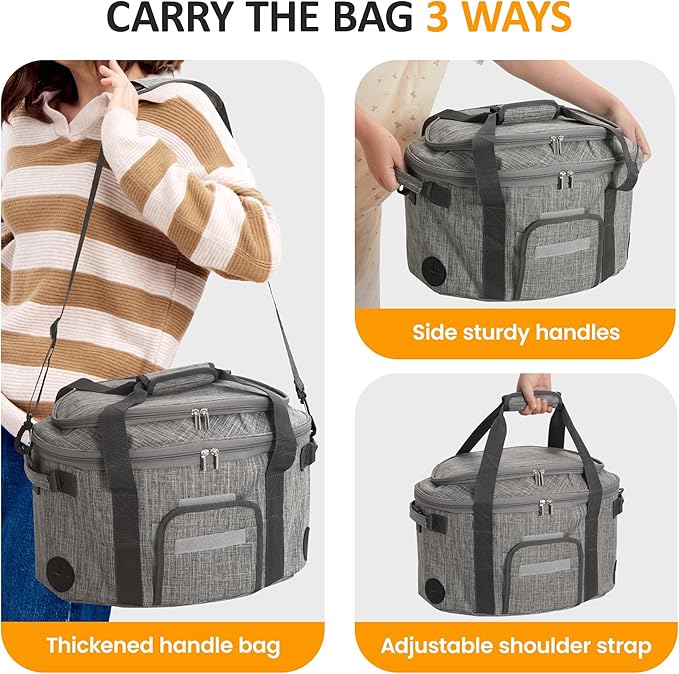 Sunvivi Portable Slow Cooker Bag Fits for 6-8 Quart, Insulated Travel Bag with See-thought Window, Carry Case with Top Zip Compartment, Mesh Pocket & Adjustable Band for Camping, Potluck, Gathering