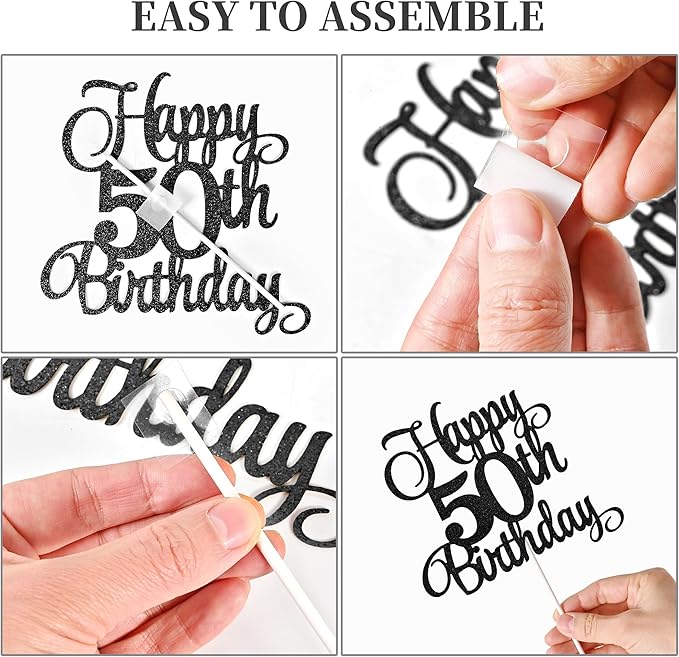 50th Birthday Cake Decorations, 50th Birthday Candles Cake Numeral Candles and Glitter Happy 50th Birthday Cake Toppers Set for Birthday Party Supplies (Black)