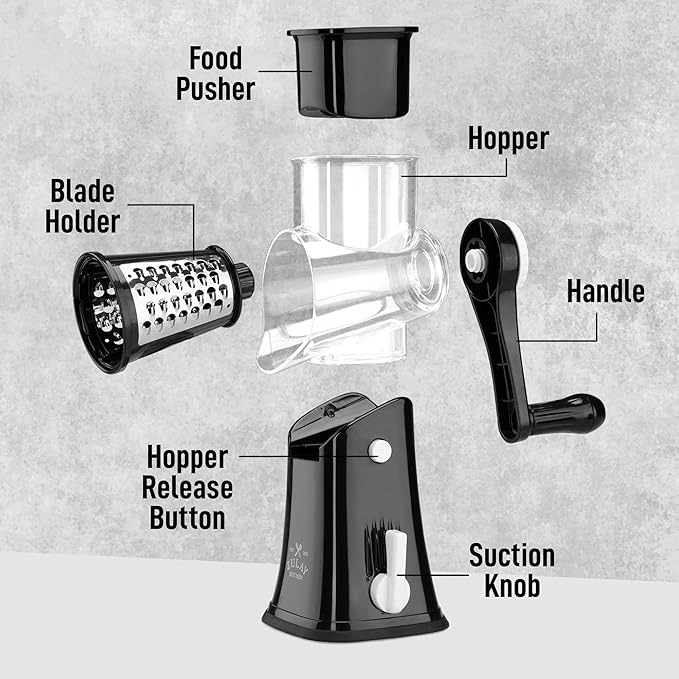 Zulay Kitchen Rotary Cheese Grater 5 Blade Cheese Shredder - Manual Hand Crank Cheese Grater With Reinforced Suction & 5 Interchangeable Drums - Easy to Use, Vegetable Chopper Round Mandoline Slicer