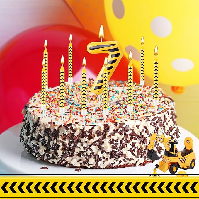13 Pcs Construction Themed Birthday Candles Set Yellow and Black Number 7 Candle Cake Topper for Construction Party Decoration Supplies (Number 7)