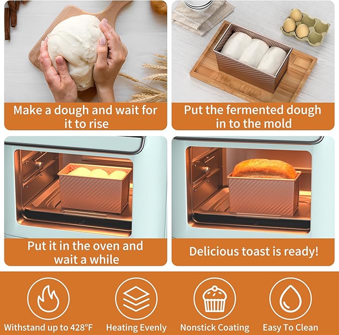 2 Pack Pullman Loaf Pan with Lid - Nonstick Bread Baking Pans for Homemade, Carbon Steel Toast Mold with Cover for Toaster Oven, Gold (1.2 lb & 0.67 lb)