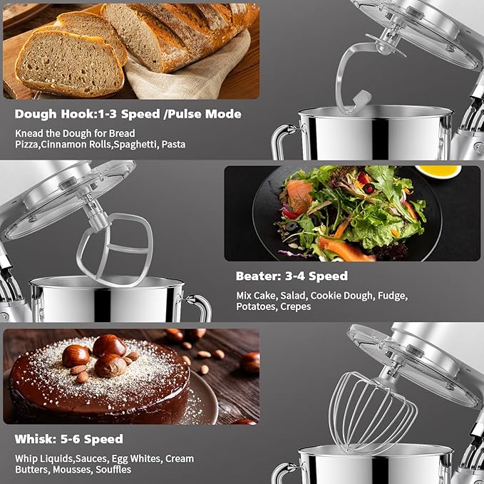 Stand Mixer, POWWA 7.5 Quart Electric Mixer, 6+1 Speed 660W Tilt-Head Kitchen Food Mixers with Whisk, Dough Hook, Mixing Beater & Splash Guard for Baking, Cake, Cookie (Silver-with Handle)