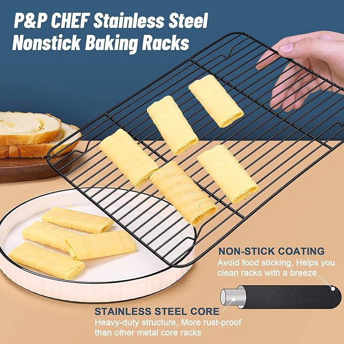P&P CHEF Cooling Baking Rack Pack of 2, Stainless Steel Cooling Racks for Cooking Baking Roasting Grilling Drying, Dense Wires & Smooth Edge, Easy to clean, Black,11.6" x 9"