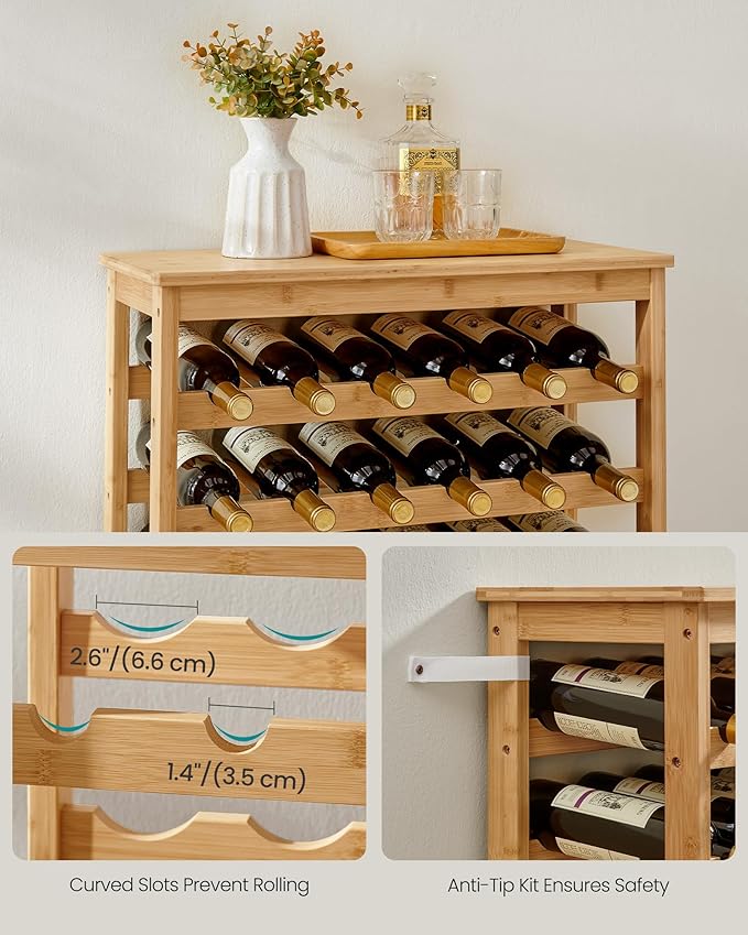 SONGMICS 42-Bottle Wine Rack Free Standing Floor, 7-Tier Display Wine Storage Shelves with Table Top, Bamboo Wobble-Free Bottle Holder for Kitchen Bar Dining Room Living Room, Natural UKWR27NL