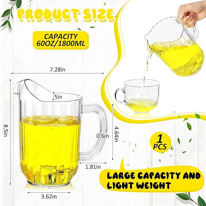 Tessco for you Plastic Pitchers 60 Ounce Clear Restaurant Jug Large Water Pitcher Carafe Serve Milk Tea Juice Drink for Parties Container Dispenser Beer Jar(1 Pcs)